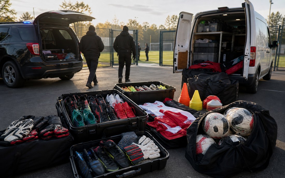 Recovered football equipment outside a training complex