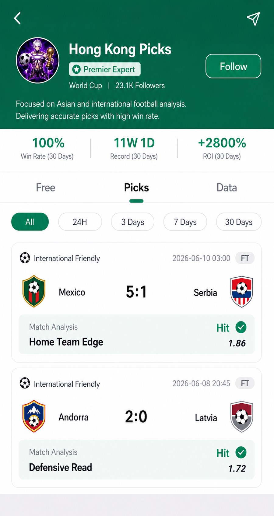 Hong Kong Picks results screen in English